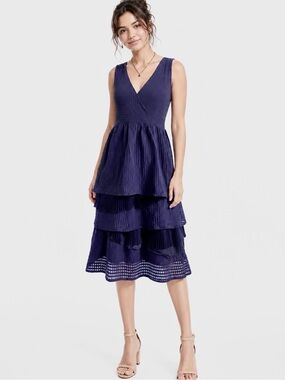 Anthropologie Ric Rac Tonal Gingham Dress textured ruffles navy size S gothic